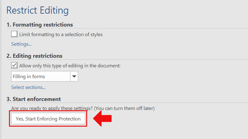 Chọn Yes, Start Enforcing Protection để đặt mật khẩu